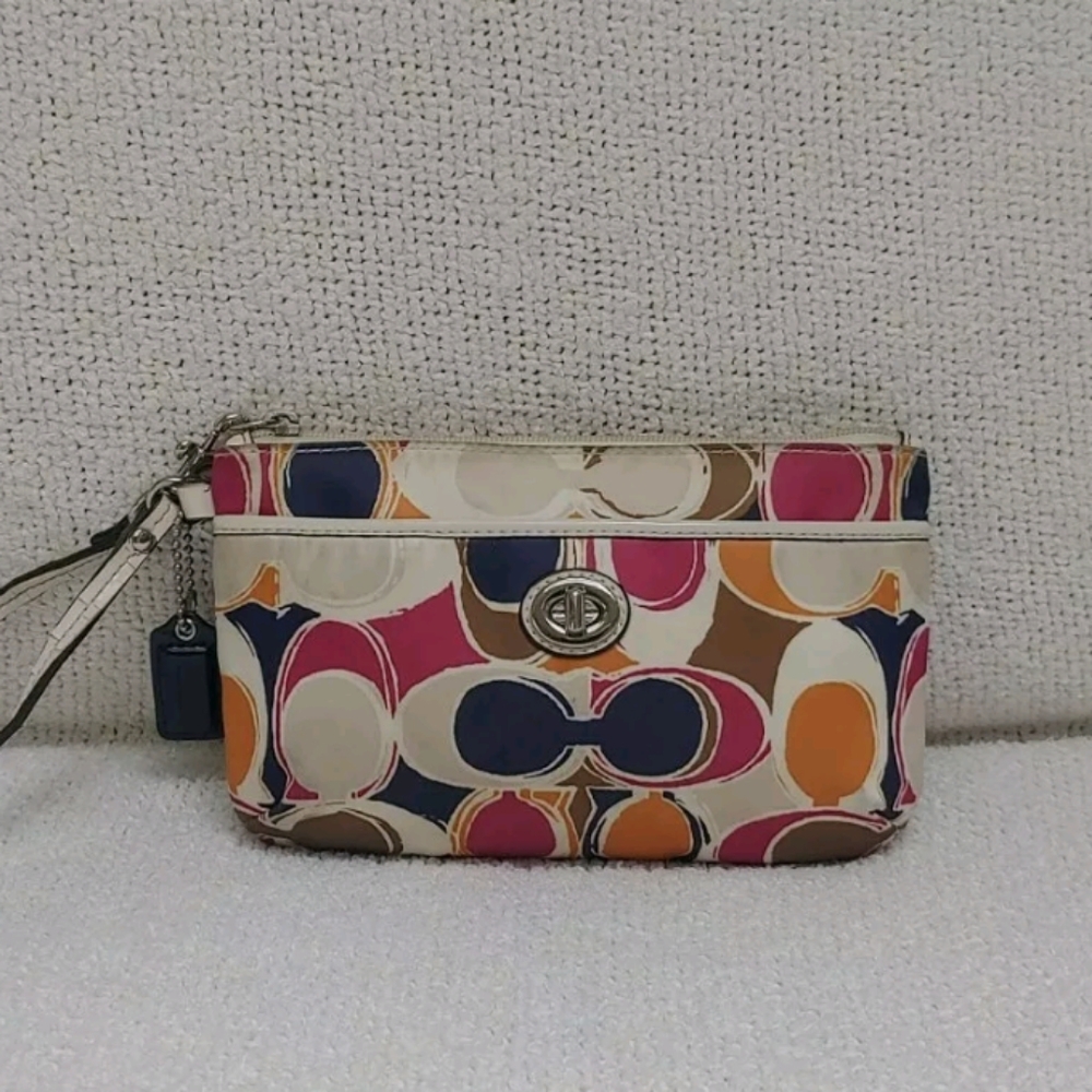 COACH Sateen Signature C Logo Wristlet Wallet Leather Strap Tan Navy Pink